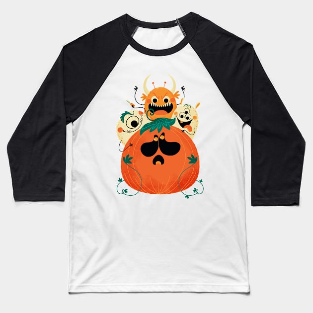 Halloween pumpkin and monsters Baseball T-Shirt by Angela Sbandelli Illustration and Design